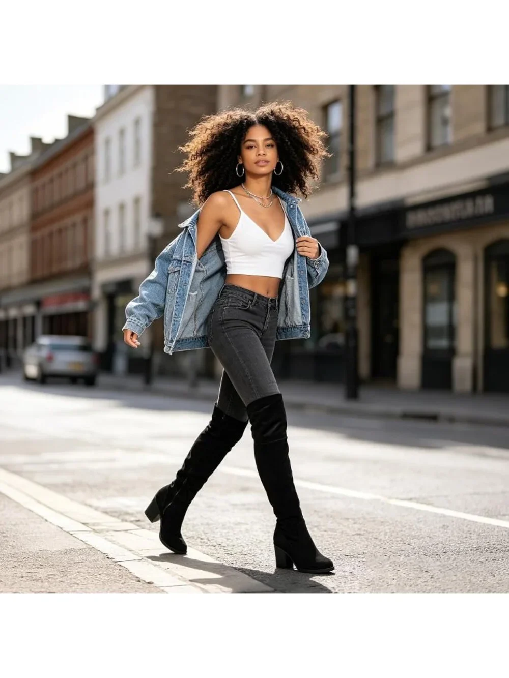 Women's Black Stacked Block Heeled Pointed Toe Side Zipper Thigh High Boots